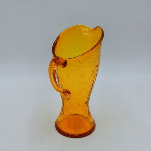 Crackle Glass Mini Pitcher Creamer Hand Blown 6 Inch Amber Applied Handle - Picture 4 of 9